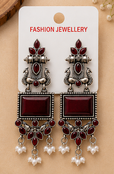 Premium Oxidised Stone Studded Pearl Drop Earrings - Image 8