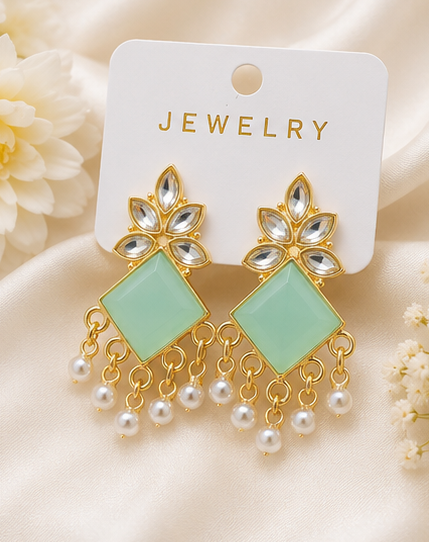 Elegant Gold-Plated Stone & Pearl Drop Earrings - Image 9