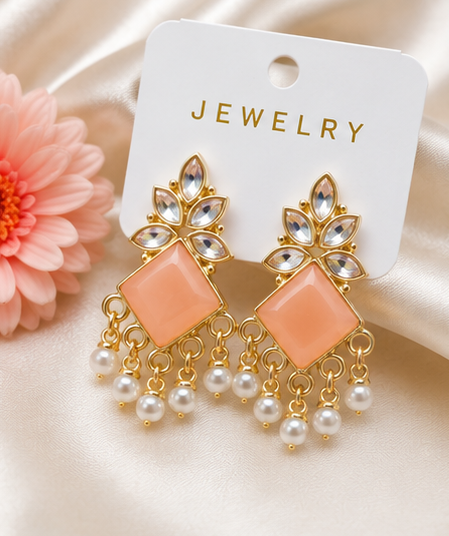 Elegant Gold-Plated Stone & Pearl Drop Earrings - Image 4