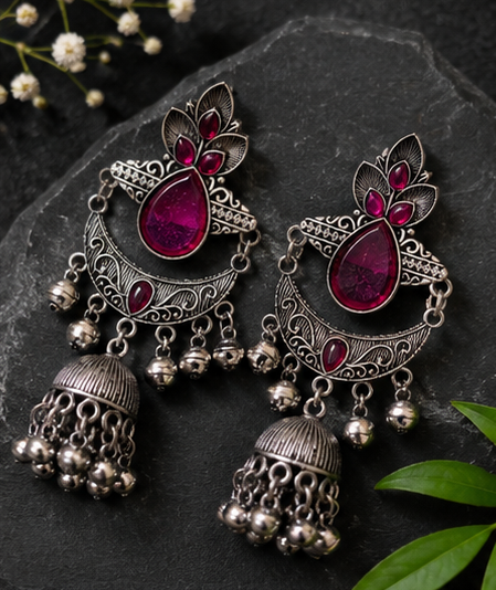 Oxidised Silver-Tone Stone Studded Jhumka Earrings - Image 5