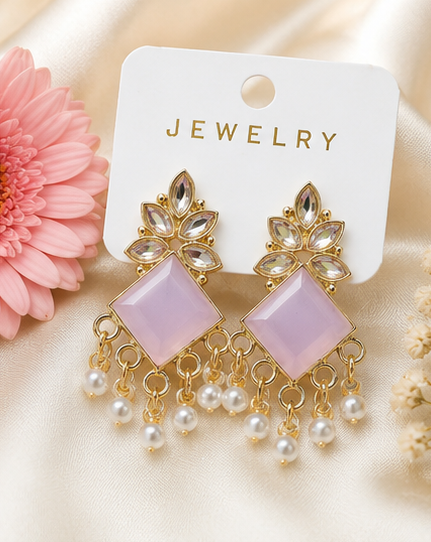 Elegant Gold-Plated Stone & Pearl Drop Earrings - Image 8