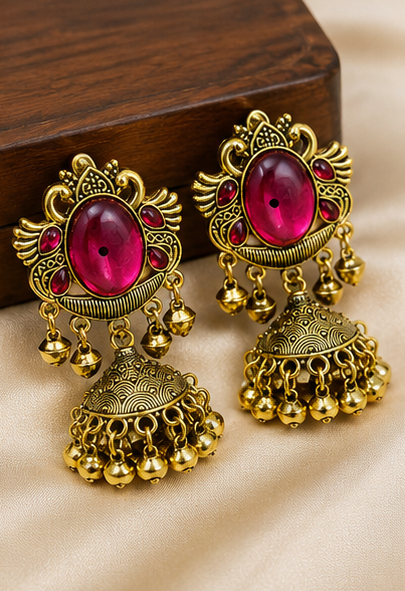 Antique Gold Plated Stone Jhumka Earrings - Image 5