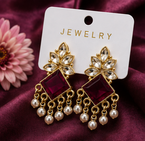Elegant Gold-Plated Stone & Pearl Drop Earrings - Image 2