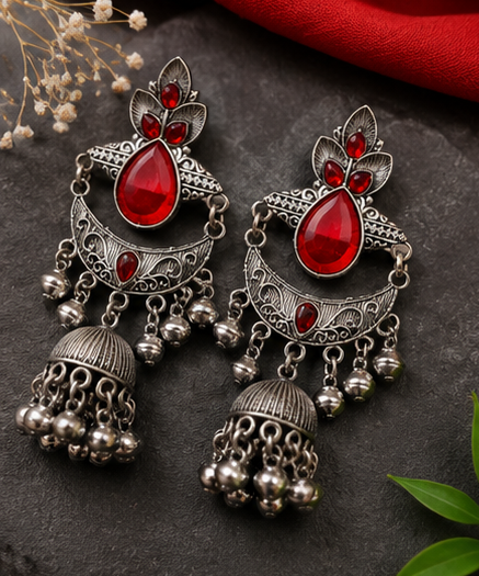 Oxidised Silver-Tone Stone Studded Jhumka Earrings - Image 4
