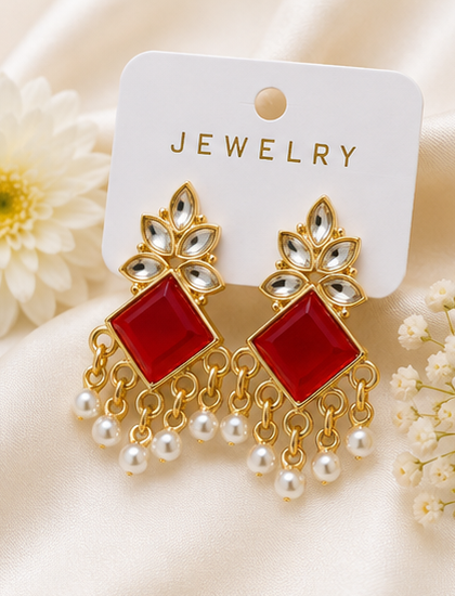 Elegant Gold-Plated Stone & Pearl Drop Earrings - Image 12