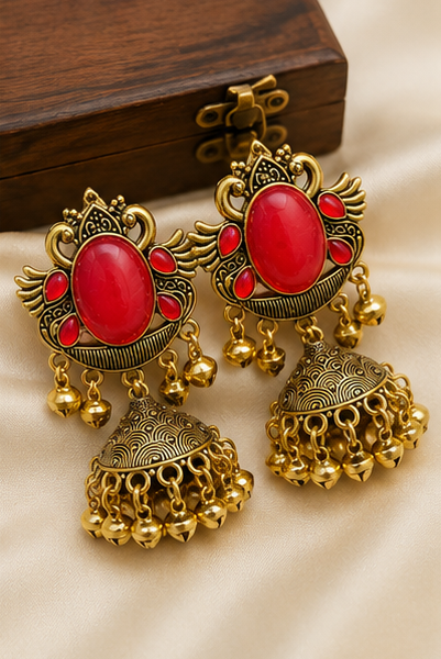 Antique Gold Plated Stone Jhumka Earrings - Image 4