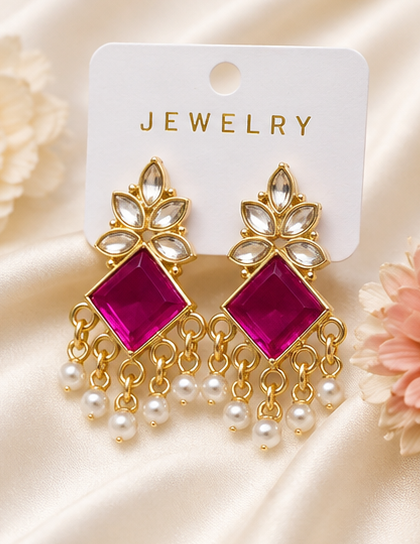 Elegant Gold-Plated Stone & Pearl Drop Earrings - Image 10