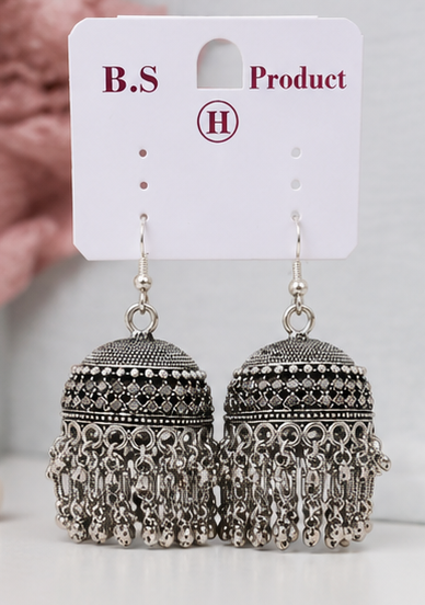 Oxidised Silver Plated Dome Jhumka Earrings with Beaded Tassels - Image 2