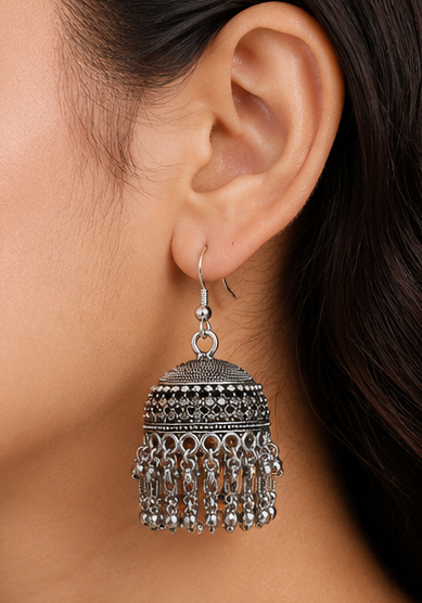 Oxidised Silver Plated Dome Jhumka Earrings with Beaded Tassels - Image 3