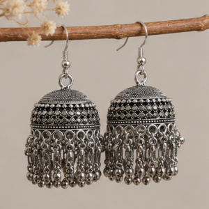 Oxidised Silver Plated Dome Jhumka Earrings with Beaded Tassels
