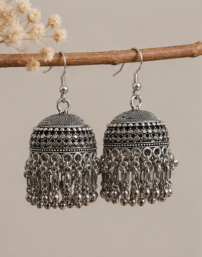 Oxidised Silver Plated Dome Jhumka Earrings with Beaded Tassels