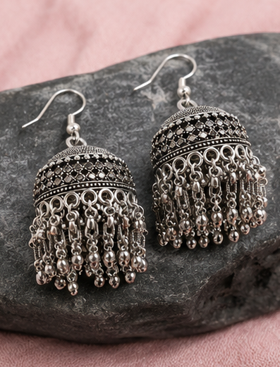Oxidised Silver Plated Dome Jhumka Earrings with Beaded Tassels - Image 4