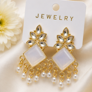 Elegant Gold-Plated Stone & Pearl Drop Earrings
