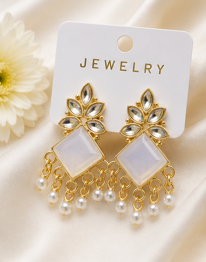 Elegant Gold-Plated Stone & Pearl Drop Earrings