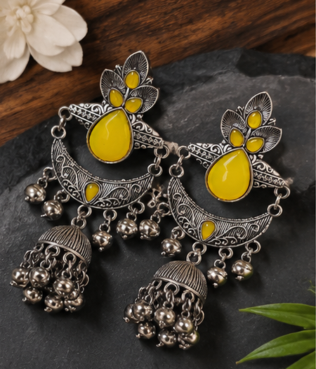 Oxidised Silver-Tone Stone Studded Jhumka Earrings - Image 2