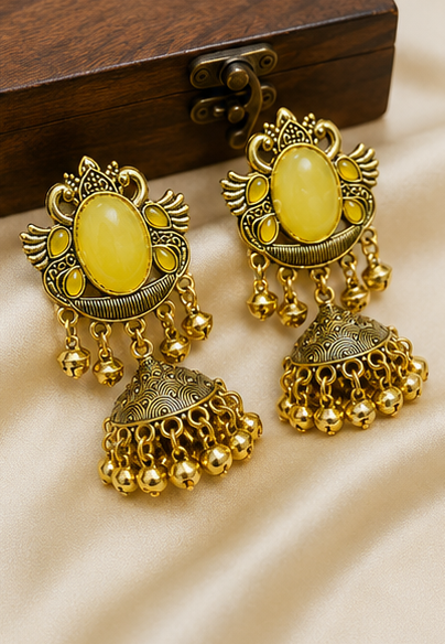 Antique Gold Plated Stone Jhumka Earrings - Image 3