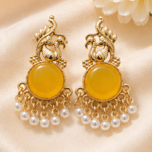Gold-Plated Pearl Bead Ethnic Drop Earrings
