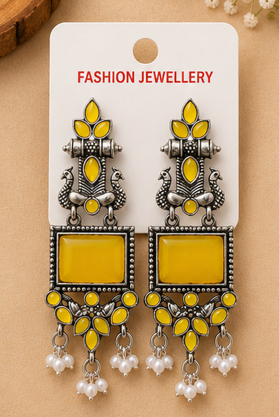 Premium Oxidised Stone Studded Pearl Drop Earrings - Image 7