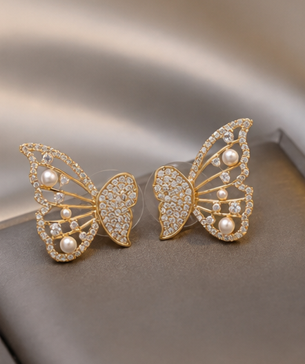 Gold Butterfly Pearl Stud Earrings for Women - Image 3