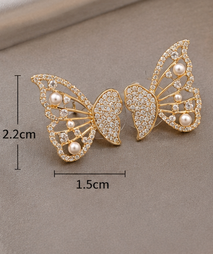 Gold Butterfly Pearl Stud Earrings for Women - Image 2