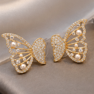 Gold Butterfly Pearl Stud Earrings for Women