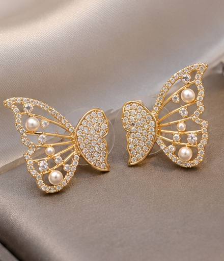 Gold Butterfly Pearl Stud Earrings for Women