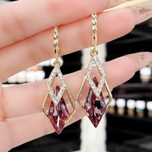 Pink Crystal Drop Earrings for Women | Gold Geometric Dangle Earrings
