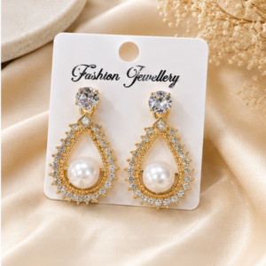 Gold Pearl Drop Earrings for Women | Elegant Pearl & Crystal Teardrop Earrings