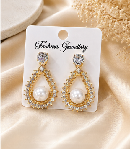 Gold Pearl Drop Earrings for Women | Elegant Pearl & Crystal Teardrop Earrings