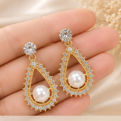 Gold Pearl Drop Earrings for Women | Elegant Pearl & Crystal Teardrop Earrings - Image 2