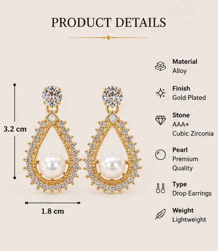 Gold Pearl Drop Earrings for Women | Elegant Pearl & Crystal Teardrop Earrings - Image 3