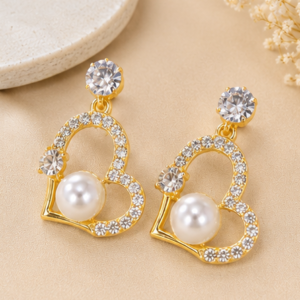 Gold Heart Pearl Drop Earrings for Women | Crystal Dangle Earrings