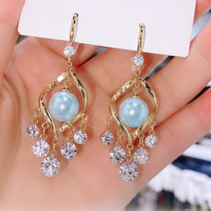 Gold Pearl Drop Earrings for Women | Long Crystal Dangle Earrings