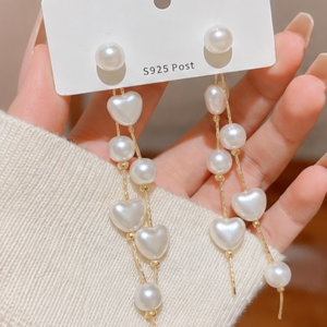 Gold Plated Long Heart Pearl Drop Earrings for Women