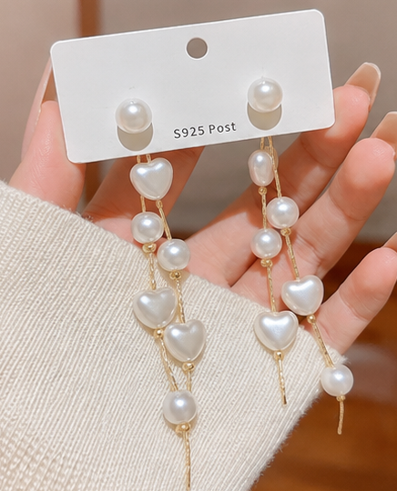Gold Plated Long Heart Pearl Drop Earrings for Women