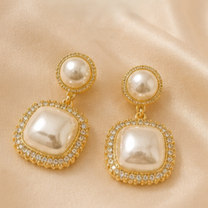 Gold plated square pearl drop earrings for women with sparkling stone detailing