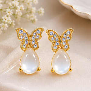 Gold plated butterfly drop earrings with AAA+ cubic zirconia and opal stone