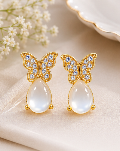 Gold plated butterfly drop earrings with AAA+ cubic zirconia and opal stone