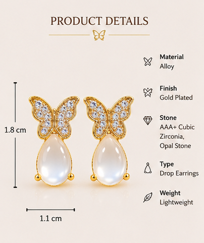 Gold Plated Butterfly Drop Earrings for Women | Cubic Zirconia - Image 4
