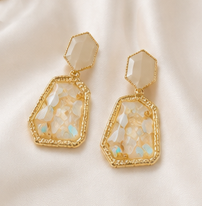 Gold plated geometric drop earrings for women with stone detailing