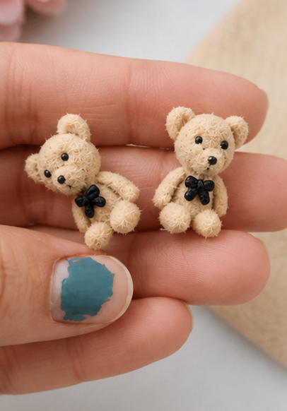 Cute Beige Teddy Bear Earrings for Women & Girls | Bear Jewellery - Image 3